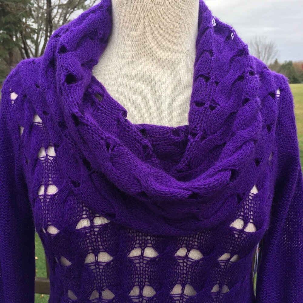 Nine West Womens Sweater sz XS Plum Purple Cowl Neck Open Thin Knit Long Sleeve - Picture 10 of 12